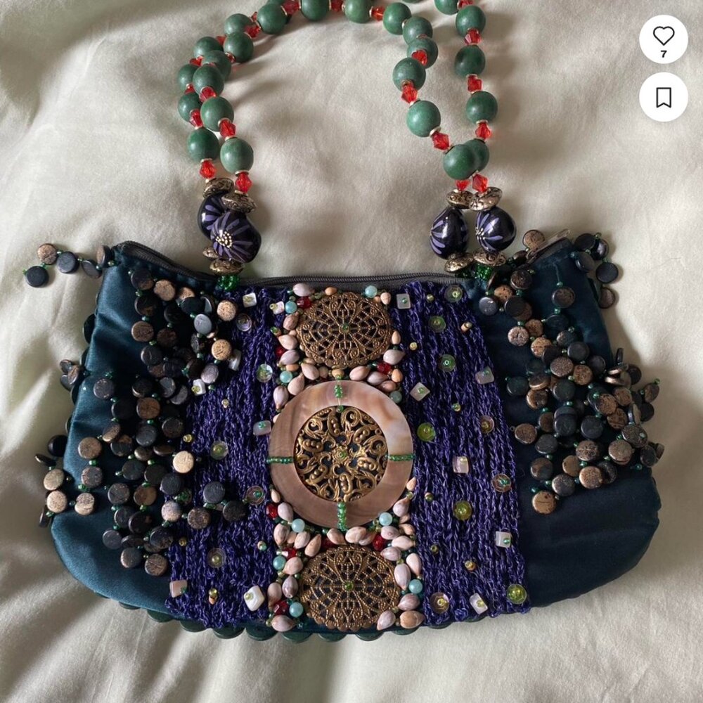 VINTAGE! Green and purple dangling beaded shoulder bag with a touch of whimsy